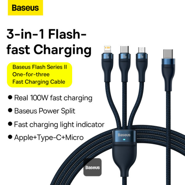 Baseus Flash Series II 3 In 1 Fast Charging Cable Type-C To M+L+C 100W 15M - Blue