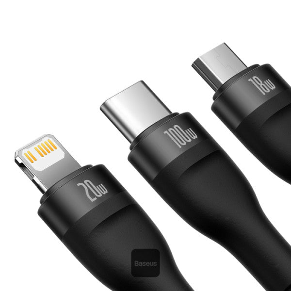 Baseus Flash Series II 100W Fast Charging Multi Cable 3 in 2 Cable | Type-C + USB-A To Type C + Lightning + Micro USB 12M - Black