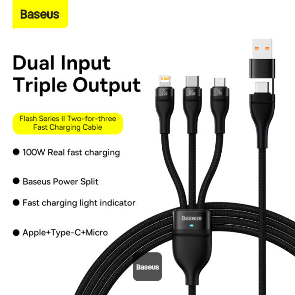Baseus Flash Series II 100W Fast Charging Multi Cable 3 in 2 Cable | Type-C + USB-A To Type C + Lightning + Micro USB 12M - Black
