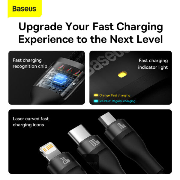 Baseus Flash Series II 100W Fast Charging Multi Cable 3 in 2 Cable | Type-C + USB-A To Type C + Lightning + Micro USB 12M - Black