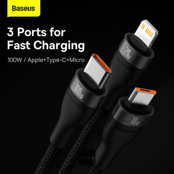 Baseus Flash Series II 100W Fast Charging Multi Cable 3 in 2 Cable | Type-C + USB-A To Type C + Lightning + Micro USB 12M - Black