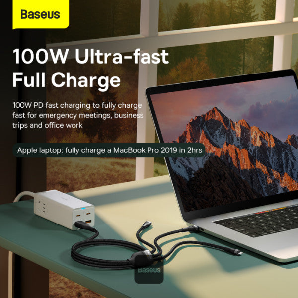 Baseus Flash Series II 100W Fast Charging Multi Cable 3 in 2 Cable | Type-C + USB-A To Type C + Lightning + Micro USB 12M - Black