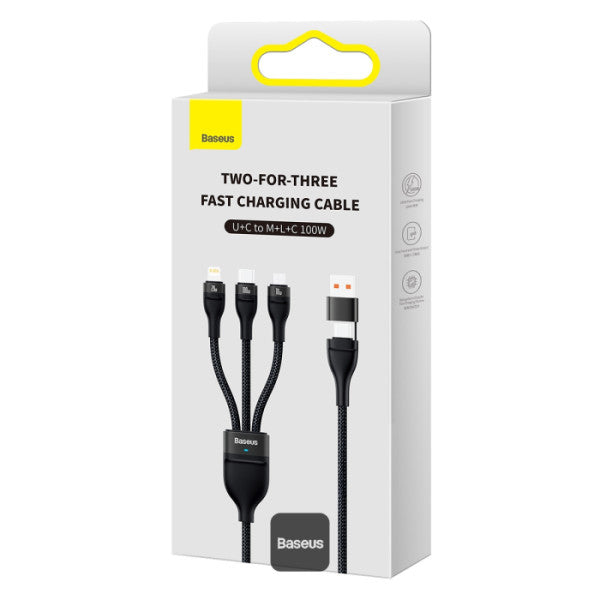 Baseus Flash Series II 100W Fast Charging Multi Cable 3 in 2 Cable | Type-C + USB-A To Type C + Lightning + Micro USB 12M - Black