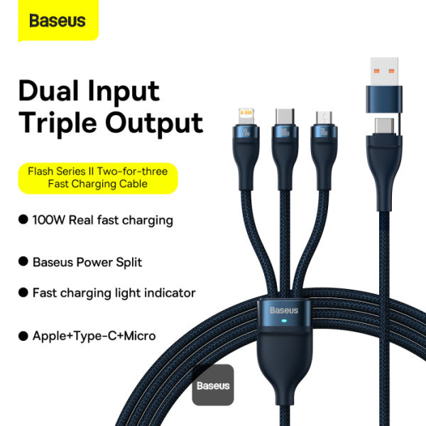Baseus Flash Series II 100W Fast Charging Multi Cable 3 in 2 Cable | Type-C + USB-A To Type C + Lightning + Micro USB 12M - Dark Blue