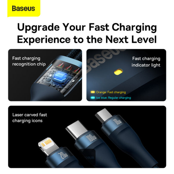 Baseus Flash Series II 100W Fast Charging Multi Cable 3 in 2 Cable | Type-C + USB-A To Type C + Lightning + Micro USB 12M - Dark Blue