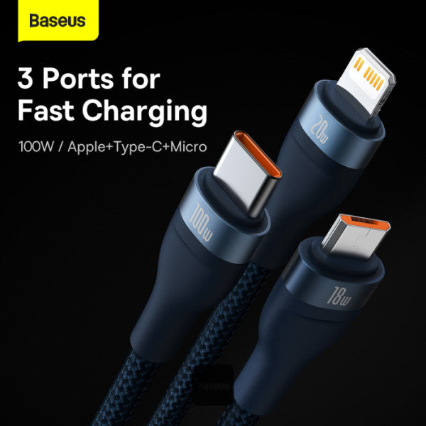 Baseus Flash Series II 100W Fast Charging Multi Cable 3 in 2 Cable | Type-C + USB-A To Type C + Lightning + Micro USB 12M - Dark Blue