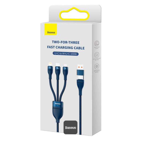 Baseus Flash Series II 100W Fast Charging Multi Cable 3 in 2 Cable | Type-C + USB-A To Type C + Lightning + Micro USB 12M - Dark Blue