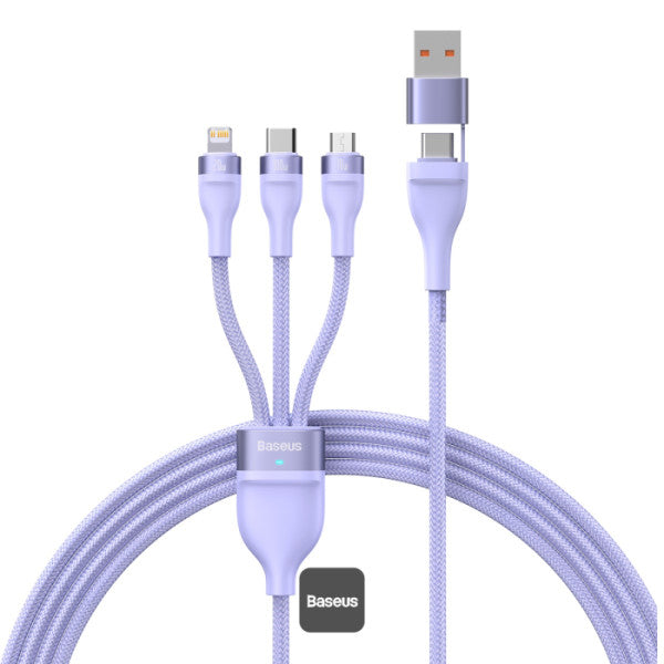 Baseus Flash Series II 100W Fast Charging Multi Cable 3 in 2 Cable | Type-C + USB-A To Type C + Lightning + Micro USB 12M - Purple