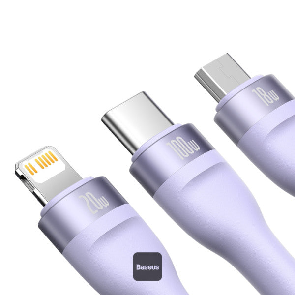 Baseus Flash Series II 100W Fast Charging Multi Cable 3 in 2 Cable | Type-C + USB-A To Type C + Lightning + Micro USB 12M - Purple
