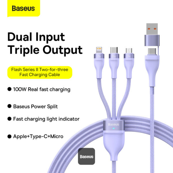 Baseus Flash Series II 100W Fast Charging Multi Cable 3 in 2 Cable | Type-C + USB-A To Type C + Lightning + Micro USB 12M - Purple