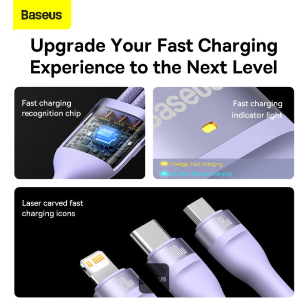Baseus Flash Series II 100W Fast Charging Multi Cable 3 in 2 Cable | Type-C + USB-A To Type C + Lightning + Micro USB 12M - Purple