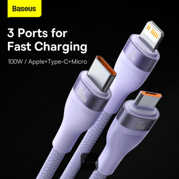 Baseus Flash Series II 100W Fast Charging Multi Cable 3 in 2 Cable | Type-C + USB-A To Type C + Lightning + Micro USB 12M - Purple
