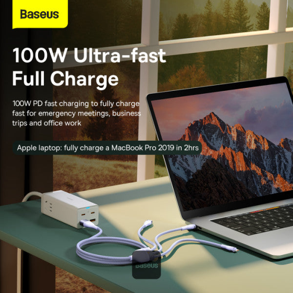 Baseus Flash Series II 100W Fast Charging Multi Cable 3 in 2 Cable | Type-C + USB-A To Type C + Lightning + Micro USB 12M - Purple