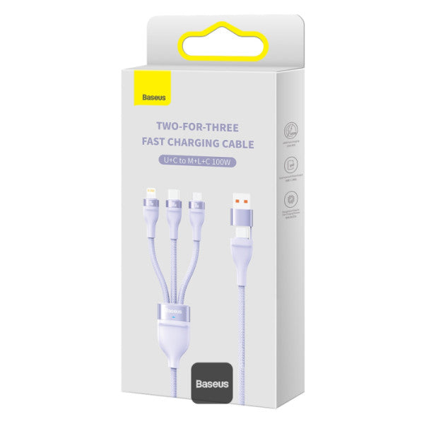 Baseus Flash Series II 100W Fast Charging Multi Cable 3 in 2 Cable | Type-C + USB-A To Type C + Lightning + Micro USB 12M - Purple