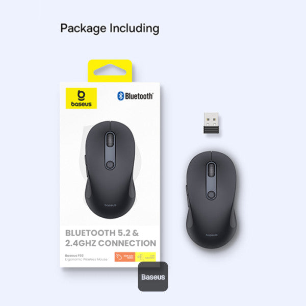Baseus F02 Ergonomic Dual-Mode Wireless Mouse | Bluetooth 52 and 24Ghz Connectivity Silent Buttons 5 DPI Modes - Black
