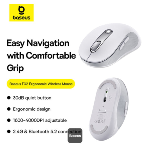 Baseus F02 Ergonomic Dual-Mode Wireless Mouse | Bluetooth 52 and 24Ghz Connectivity Silent Buttons 5 DPI Modes - White