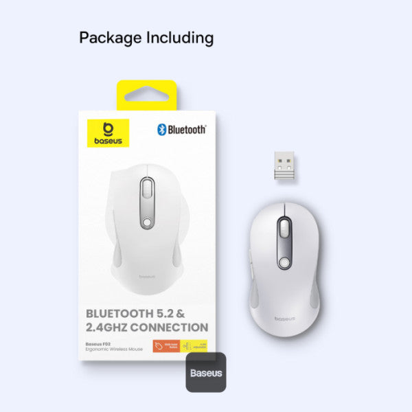 Baseus F02 Ergonomic Dual-Mode Wireless Mouse | Bluetooth 52 and 24Ghz Connectivity Silent Buttons 5 DPI Modes - White