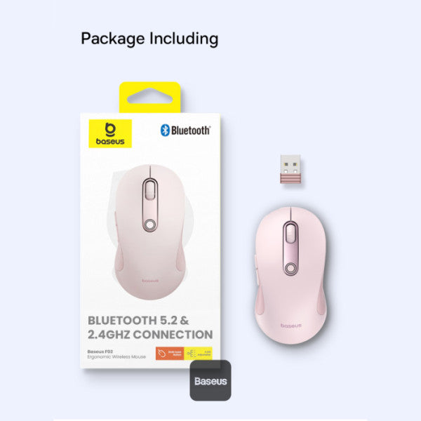 Baseus F02 Ergonomic Dual-Mode Wireless Mouse | Bluetooth 52 and 24Ghz Connectivity Silent Buttons 5 DPI Modes - Pink