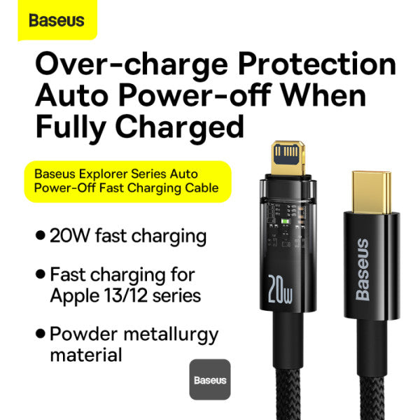 Baseus Explorer Series Auto Power Off Type-C to Lightning Cable - 20W PD Fast Charging Cable and 480Mbps Data Transfer 1M - Black
