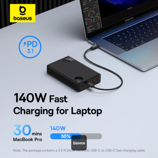 Baseus Laptop Power Bank 24000mAh with 140W Super Fast Charge | 2 USB-C ports and 1 USB-A Adaman Series - Black