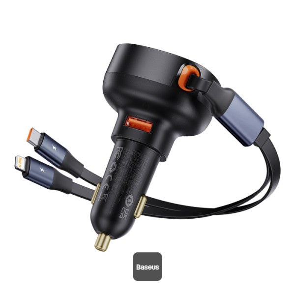 Baseus Car Charger USB-A Port + Type-C & Lightning Retractable Cable 60W Enjoyment Pro Series - Black