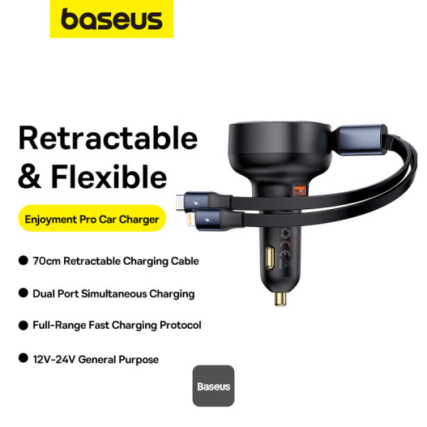 Baseus Car Charger USB-A Port + Type-C & Lightning Retractable Cable 60W Enjoyment Pro Series - Black