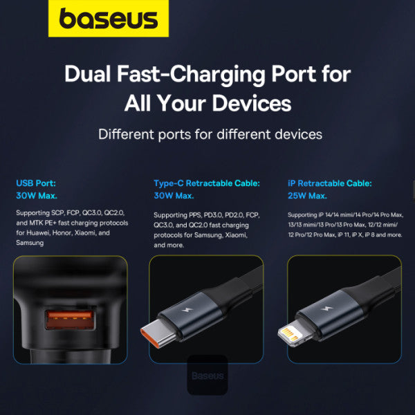 Baseus Car Charger USB-A Port + Type-C & Lightning Retractable Cable 60W Enjoyment Pro Series - Black