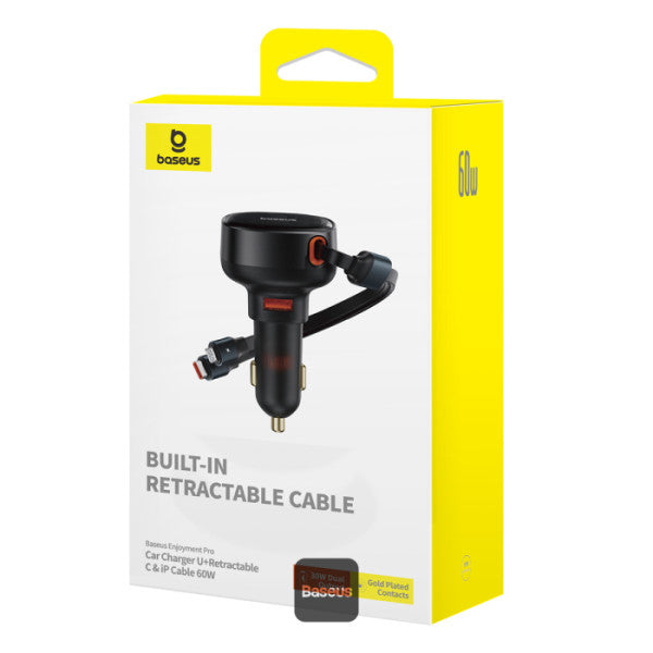 Baseus Car Charger USB-A Port + Type-C & Lightning Retractable Cable 60W Enjoyment Pro Series - Black