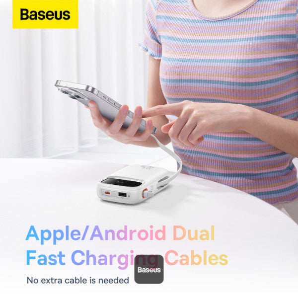 Baseus QPow2 10000mAh Digital Display Fast Charge Power Bank 225W With Built-in Dual-Cable Lightning And Type-C - White