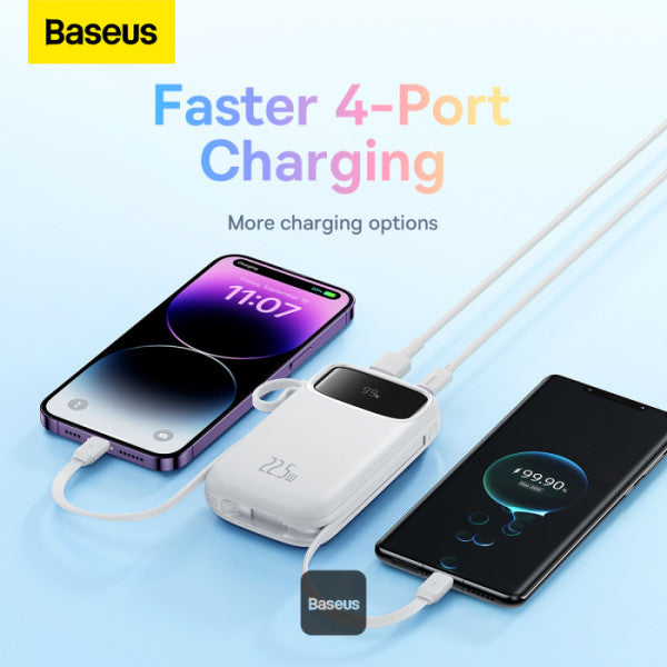 Baseus QPow2 10000mAh Digital Display Fast Charge Power Bank 225W With Built-in Dual-Cable Lightning And Type-C - White