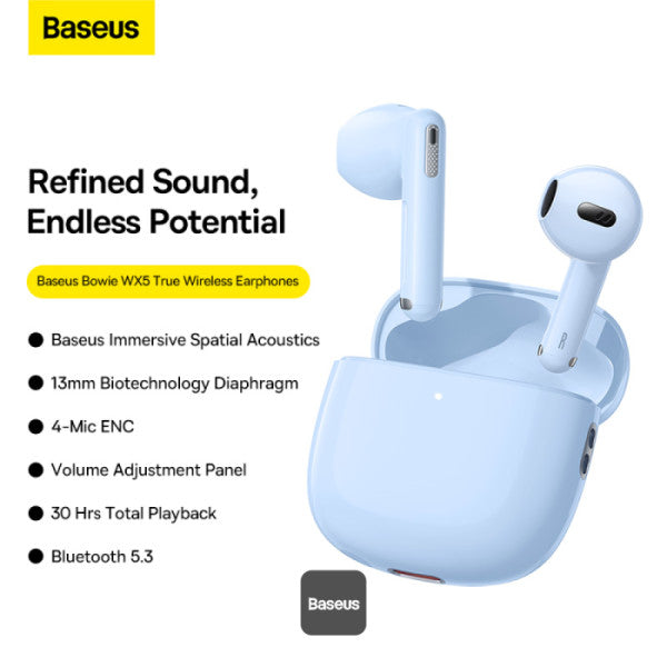 Baseus Bowie WX5 True Wireless Earphones - 4 ENC Mics with AI Noise Cancellation for Crystal Clear Calls 30-Hour Playback TWS Bluetooth 53 - Blue