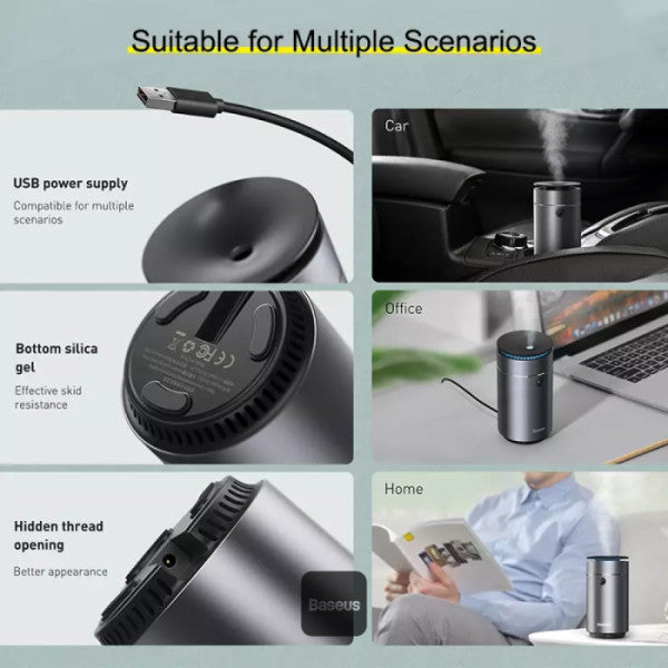 Baseus Car Diffuser & Humidifier - USB Powered Portable Aroma Air Freshener & Cool Mist Auto Air Humidifier for Home Office & Car - Grey