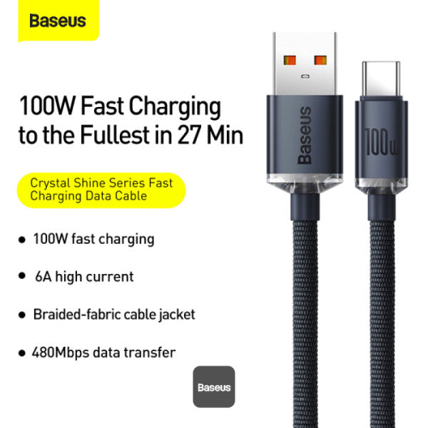 Baseus Crystal Shine Series Cable USB-A to Type-C Fast Charge Data Cable 100W 5A 12M - Black