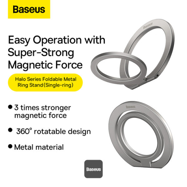 Baseus Halo Series Foldable Metal Ring Stand | 360° Rotation Magnetic Ring Holder & Stand for All Phones - Silver