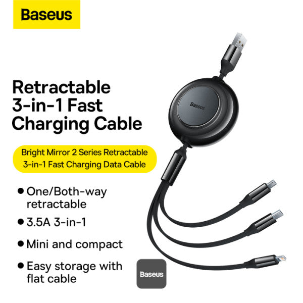 Baseus Bright Mirror 2 Series Retractable Cable | 3 in 1 Fast Charging Data Cable | USB-A to Type-C + Lightning + Micro | 35A | 11M - Black
