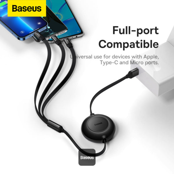 Baseus Bright Mirror 2 Series Retractable Cable | 3 in 1 Fast Charging Data Cable | USB-A to Type-C + Lightning + Micro | 35A | 11M - Black