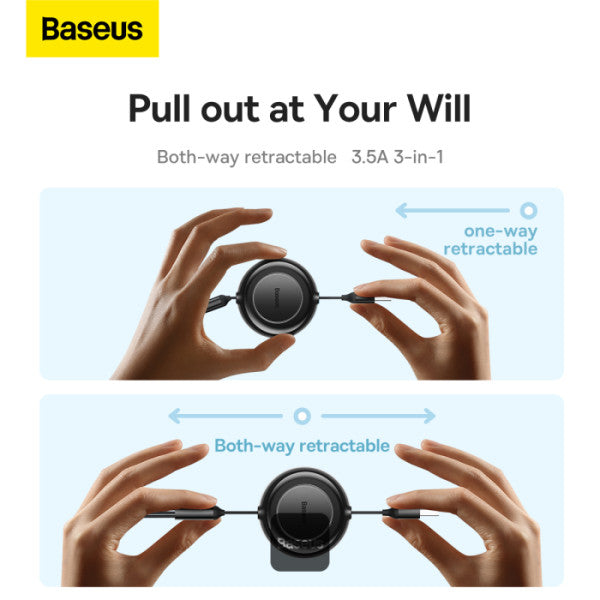 Baseus Bright Mirror 2 Series Retractable Cable | 3 in 1 Fast Charging Data Cable | USB-A to Type-C + Lightning + Micro | 35A | 11M - Black