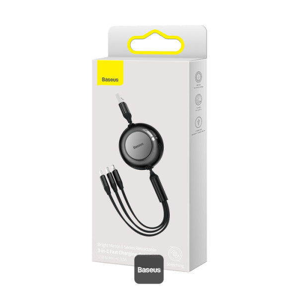 Baseus Bright Mirror 2 Series Retractable Cable | 3 in 1 Fast Charging Data Cable | USB-A to Type-C + Lightning + Micro | 35A | 11M - Black