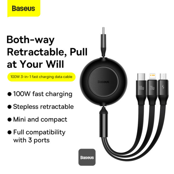 Baseus Bright Mirror 2 Series Retractable Cable | 100W 3 in 1 Fast Charging Data Cable | Type-C to Type-C + Lightning + Micro 11M - Black