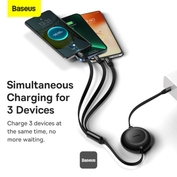 Baseus Bright Mirror 2 Series Retractable Cable | 100W 3 in 1 Fast Charging Data Cable | Type-C to Type-C + Lightning + Micro 11M - Black