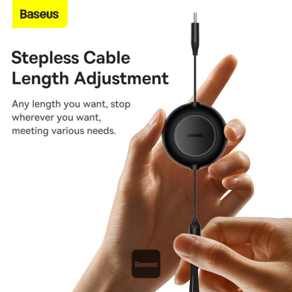 Baseus Bright Mirror 2 Series Retractable Cable | 100W 3 in 1 Fast Charging Data Cable | Type-C to Type-C + Lightning + Micro 11M - Black