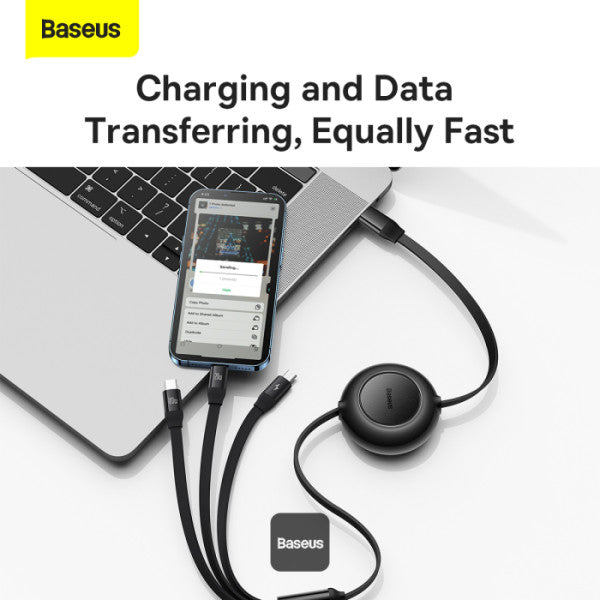 Baseus Bright Mirror 2 Series Retractable Cable | 100W 3 in 1 Fast Charging Data Cable | Type-C to Type-C + Lightning + Micro 11M - Black