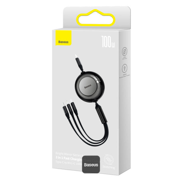 Baseus Bright Mirror 2 Series Retractable Cable | 100W 3 in 1 Fast Charging Data Cable | Type-C to Type-C + Lightning + Micro 11M - Black