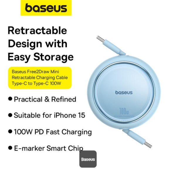 Baseus 100W Free2 Draw Mini Both-Way Retractable Type C to Type C Fast Charging Data Cable 1M - Blue