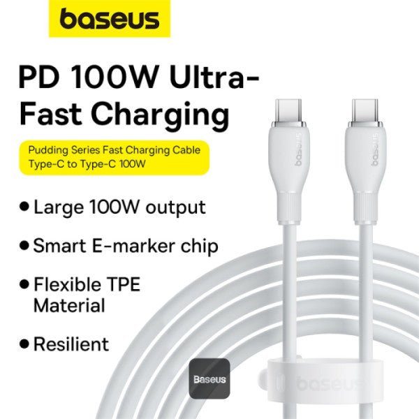 Baseus Pudding Series Fast Charging Cable With High-Speed Data Transmission Type-C to Type-C 100W 5A 12M - White