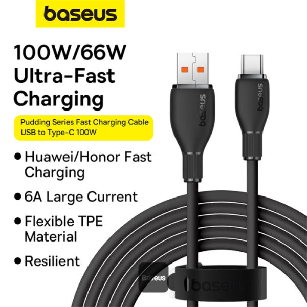 Baseus Pudding Series Fast Charging Cable With High-Speed Data Transmission USB-A to Type-C 100W 6A 12M - Black