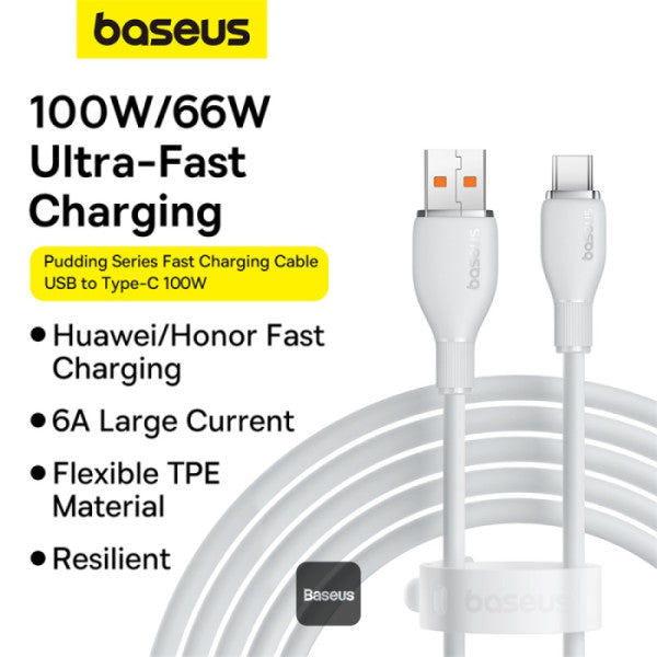 Baseus Pudding Series Fast Charging Cable With High-Speed Data Transmission USB-A to Type-C 100W 6A 12M - White