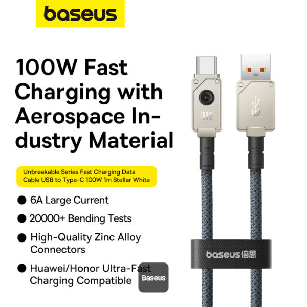 Baseus Unbreakable Series 100W Fast Charging Data Cable USB-A to Type-C 6A 1M - White