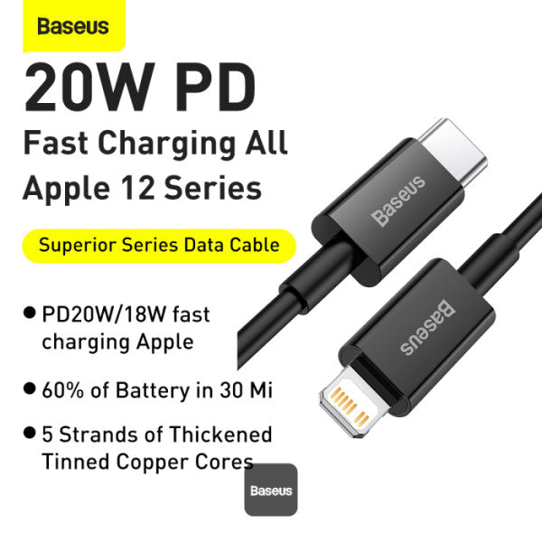 Baseus Superior Series PD 20W Type-C To Lightning Fast Charging Data Cable 1M - Black