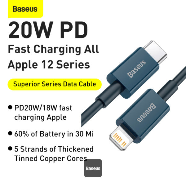 Baseus Superior Series PD 20W Type-C To Lightning Fast Charging Data Cable 1M - Blue